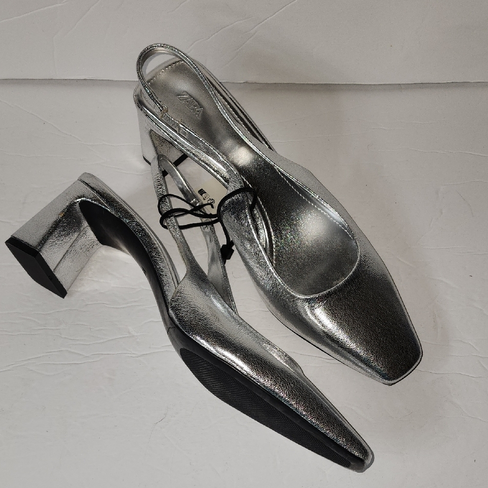Zara Silver Heeled Slingback Shoes - Picture 5 of 8